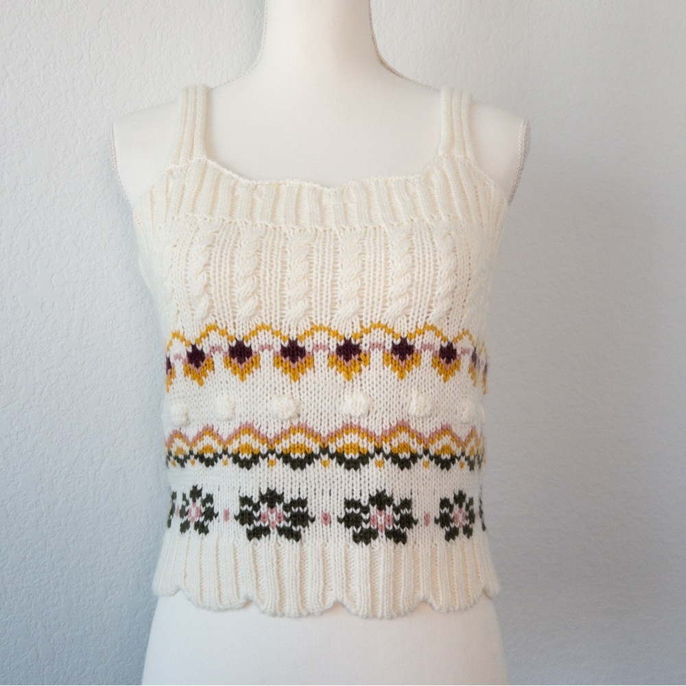 Blu Pepper Knit Floral Sweater Tank Top‎ Ivory Cream Multicolor Size Medium